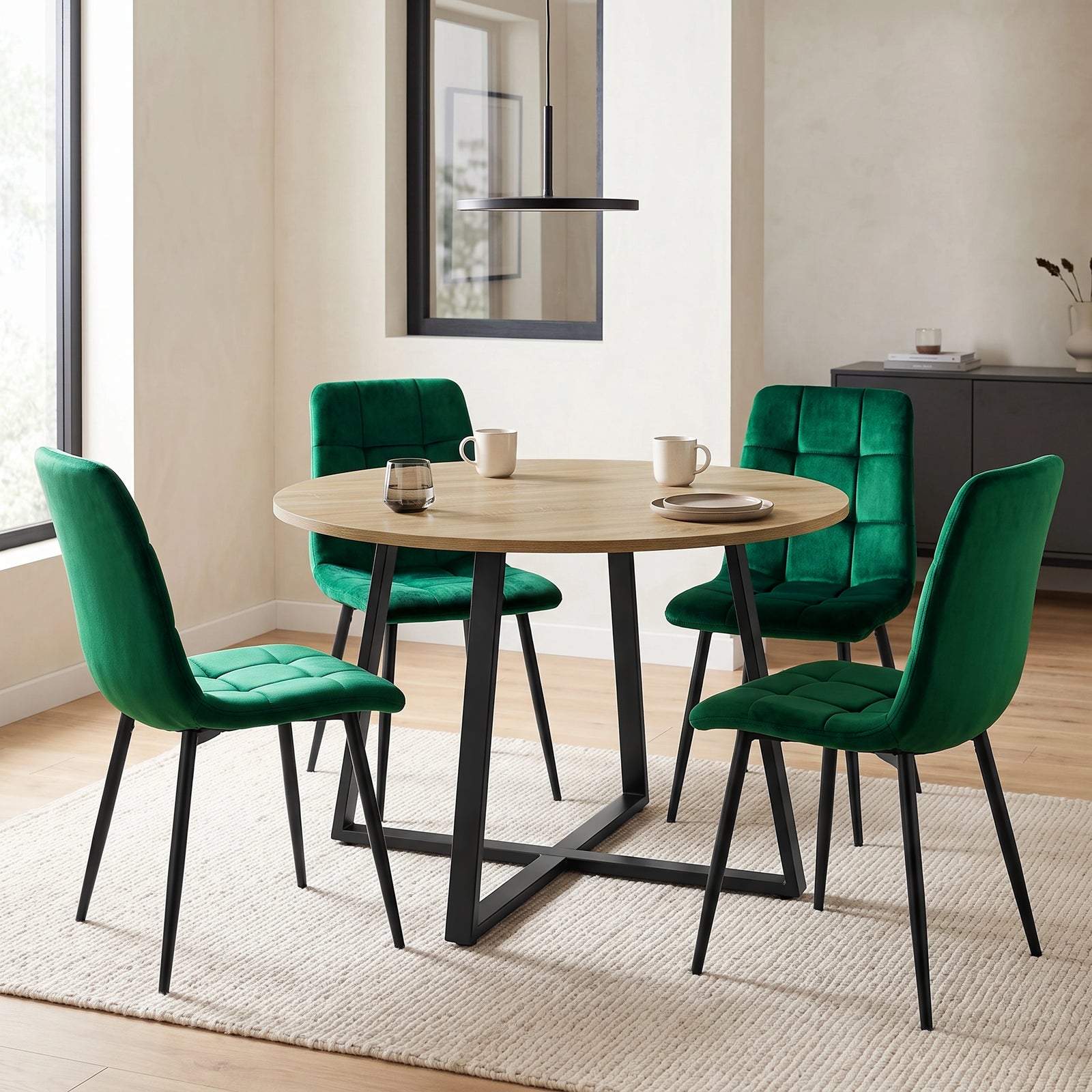[Green | Sonoma Oak] Kyvon round dining table set with 4 green velvet chairs in a styled room