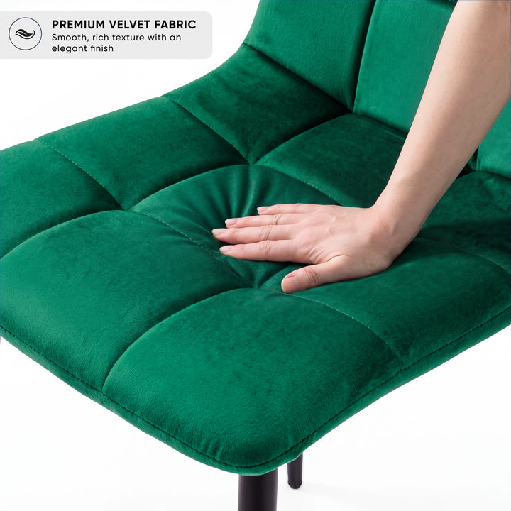 [Green | Sonoma Oak] Kyvon chair close-up: Premium Velvet Fabric, padded green velvet tufted seat