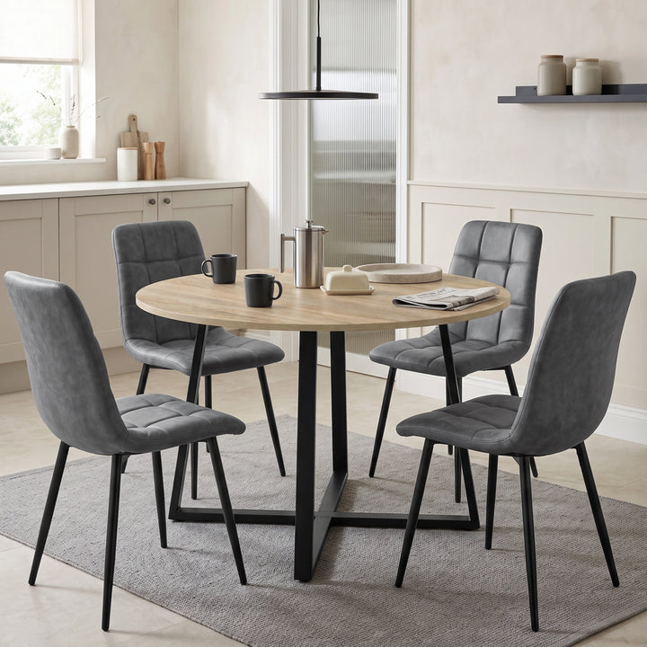 [Grey | Sonoma Oak] Kyvon round dining table set with 4 grey suede chairs in a dining room