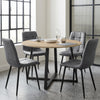 [Grey | Sonoma Oak] Kyvon round dining table set with 4 grey suede chairs in a styled room