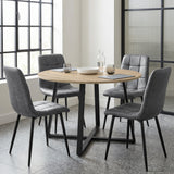 [Grey | Sonoma Oak] Kyvon round dining table set with 4 grey suede chairs in a styled room