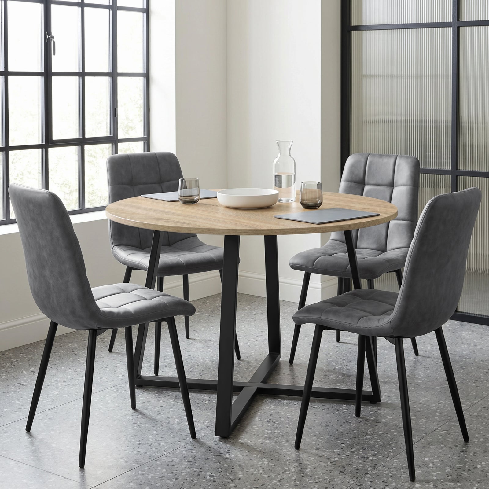 [Grey | Sonoma Oak] Kyvon round dining table set with 4 grey suede chairs in a styled room