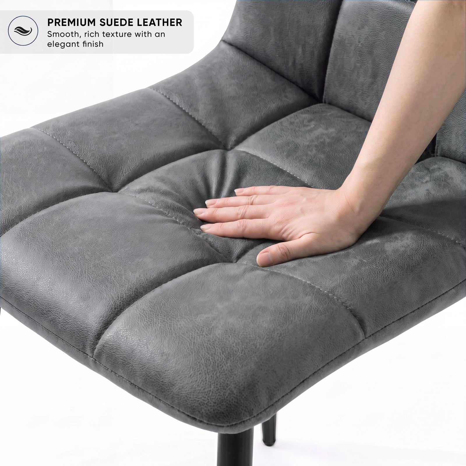[Grey | Sonoma Oak] Kyvon chair close-up: Premium Suede, padded grey suede tufted seat