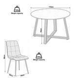 [Grey | Sonoma Oak] Kyvon dimensions graphic: table 110cm diameter x 76H; grey suede chair 44W x 42D x 88H cm