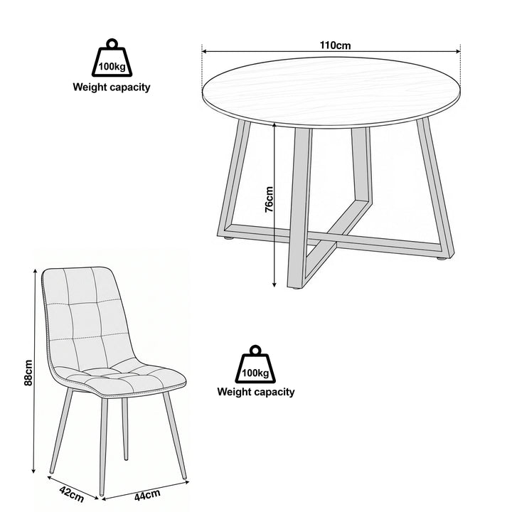 [Grey | Sonoma Oak] Kyvon dimensions graphic: table 110cm diameter x 76H; grey suede chair 44W x 42D x 88H cm