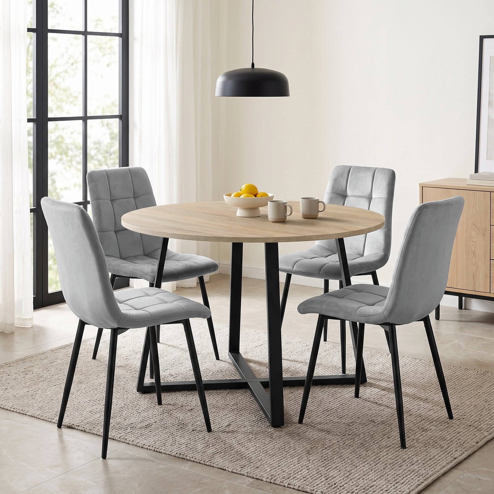[Light Grey | Sonoma Oak] Kyvon round dining table set with 4 light grey velvet chairs in a dining room