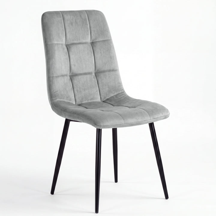 [Light Grey | Sonoma Oak] Kyvon chair close-up: Premium Velvet Fabric, padded light grey velvet tufted seat