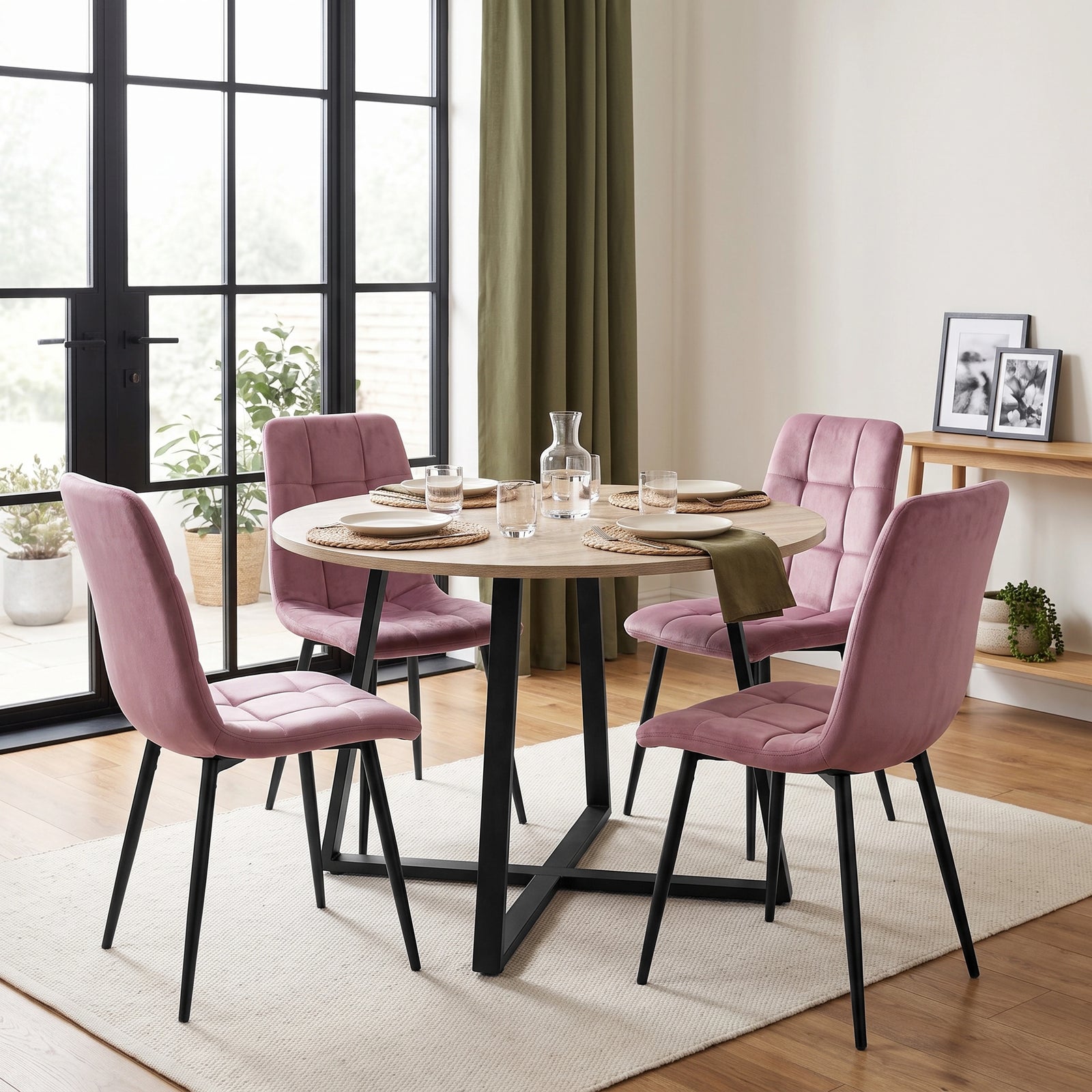 [Pink | Sonoma Oak] Kyvon round dining table set with 4 pink velvet chairs in a dining room