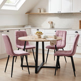 [Pink | Sonoma Oak] Kyvon round dining table set with 4 pink velvet chairs in a styled room