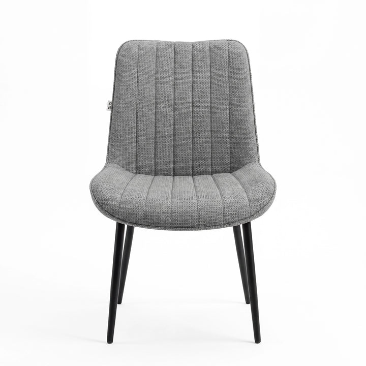 [Vertical Grey | Tinted] Kyvon grey upholstered fabric vertical channeled dining chair front view with black metal legs