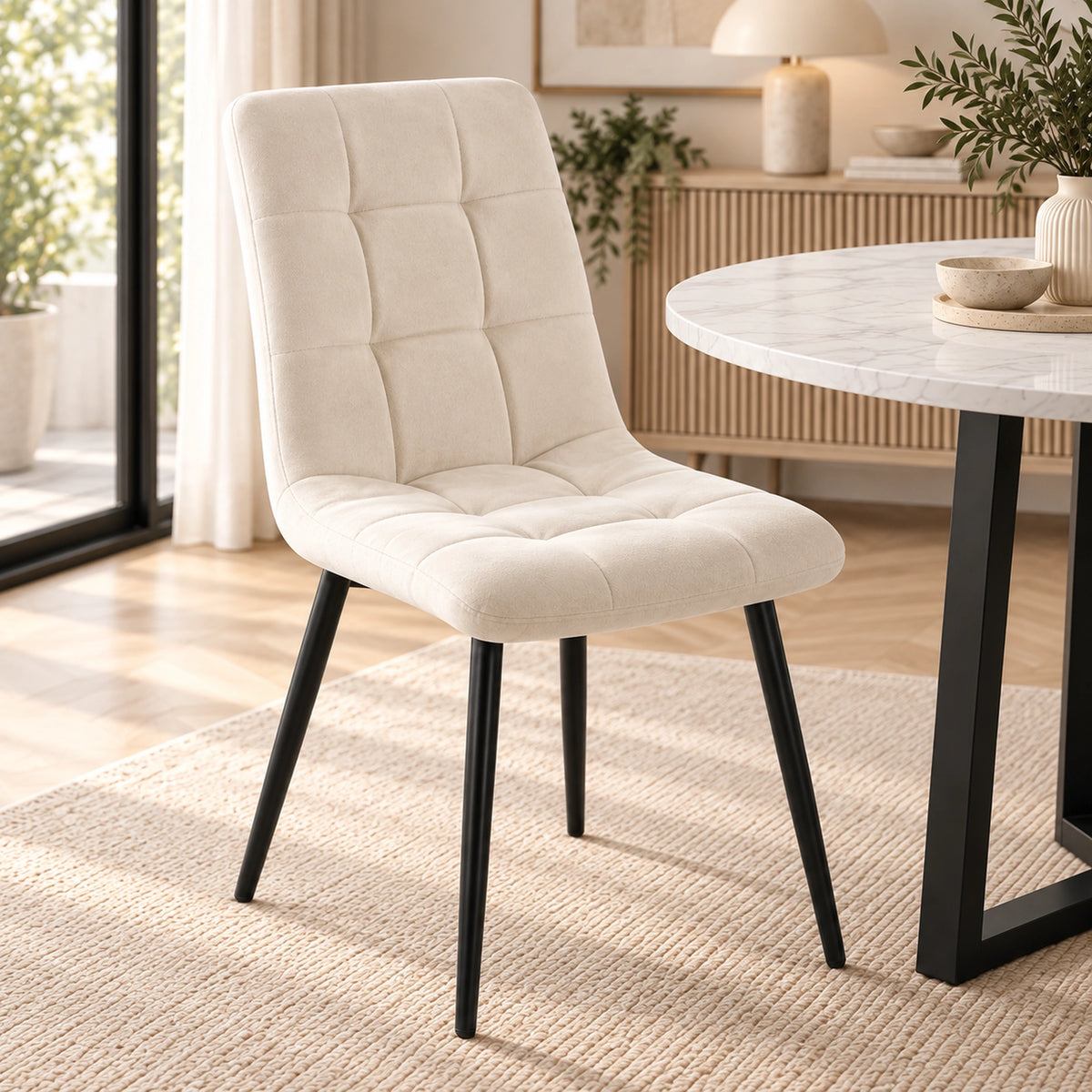 [Cream] A modern dining chair with a cream tufted upholstered seat and back, supported by slim black metal legs, shown in a bright, contemporary dining room next to a marble-top table.