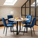 [Blue | White Marble] Kyvon round dining table set with 4 blue velvet chairs in a dining room