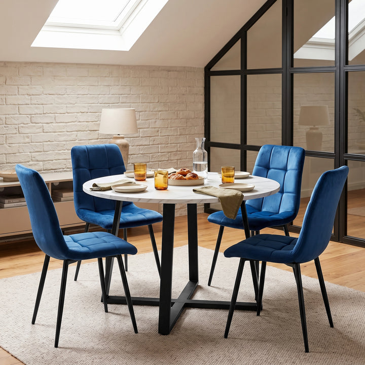 [Blue | White Marble] Kyvon round dining table set with 4 blue velvet chairs in a dining room
