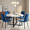 [Blue | White Marble] Kyvon round dining table set with 4 blue velvet chairs in a styled room