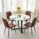 [Brown | White Marble] Kyvon round dining table set with 4 brown suede chairs in a dining room
