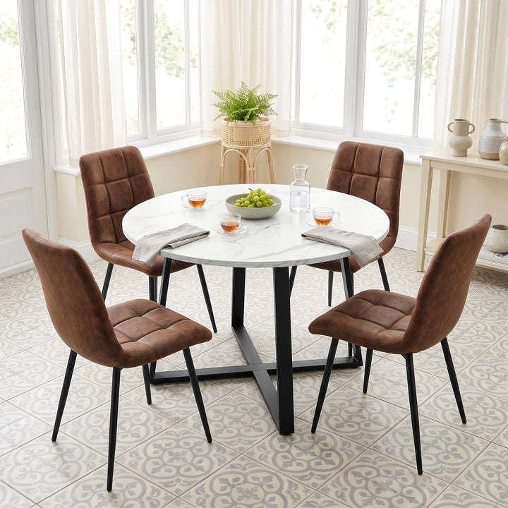 [Brown | White Marble] Kyvon round dining table set with 4 brown suede chairs in a dining room