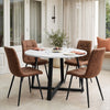 [Brown | White Marble] Kyvon round dining table set with 4 brown suede chairs in a styled room