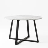 [Brown | White Marble] Kyvon round dining table set, 110cm white marble-effect table with black cross-leg base
