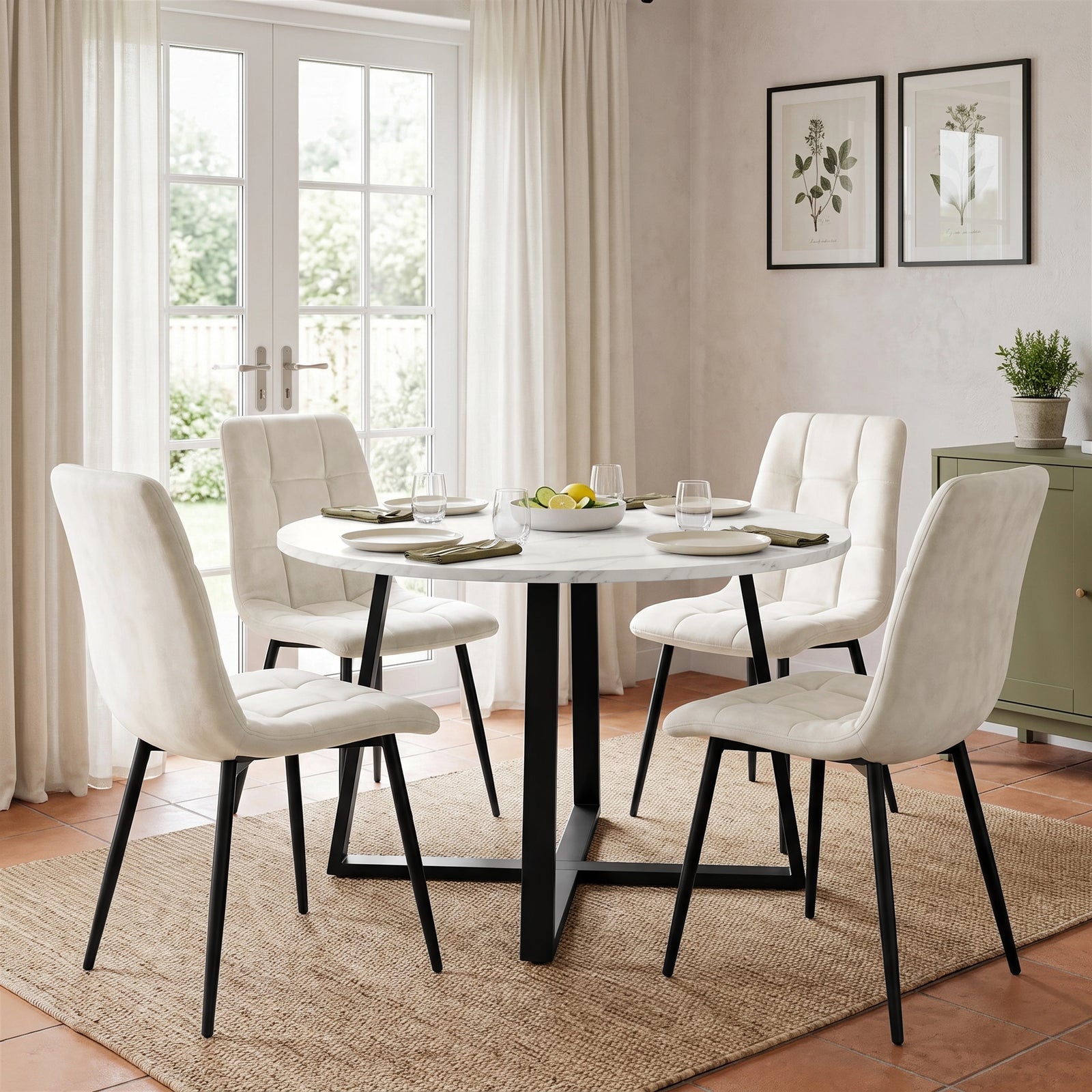 [Cream | White Marble] Kyvon round dining table set with 4 cream velvet chairs in a dining room