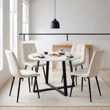 [Cream | White Marble] Kyvon round dining table set with 4 cream velvet chairs in a styled room