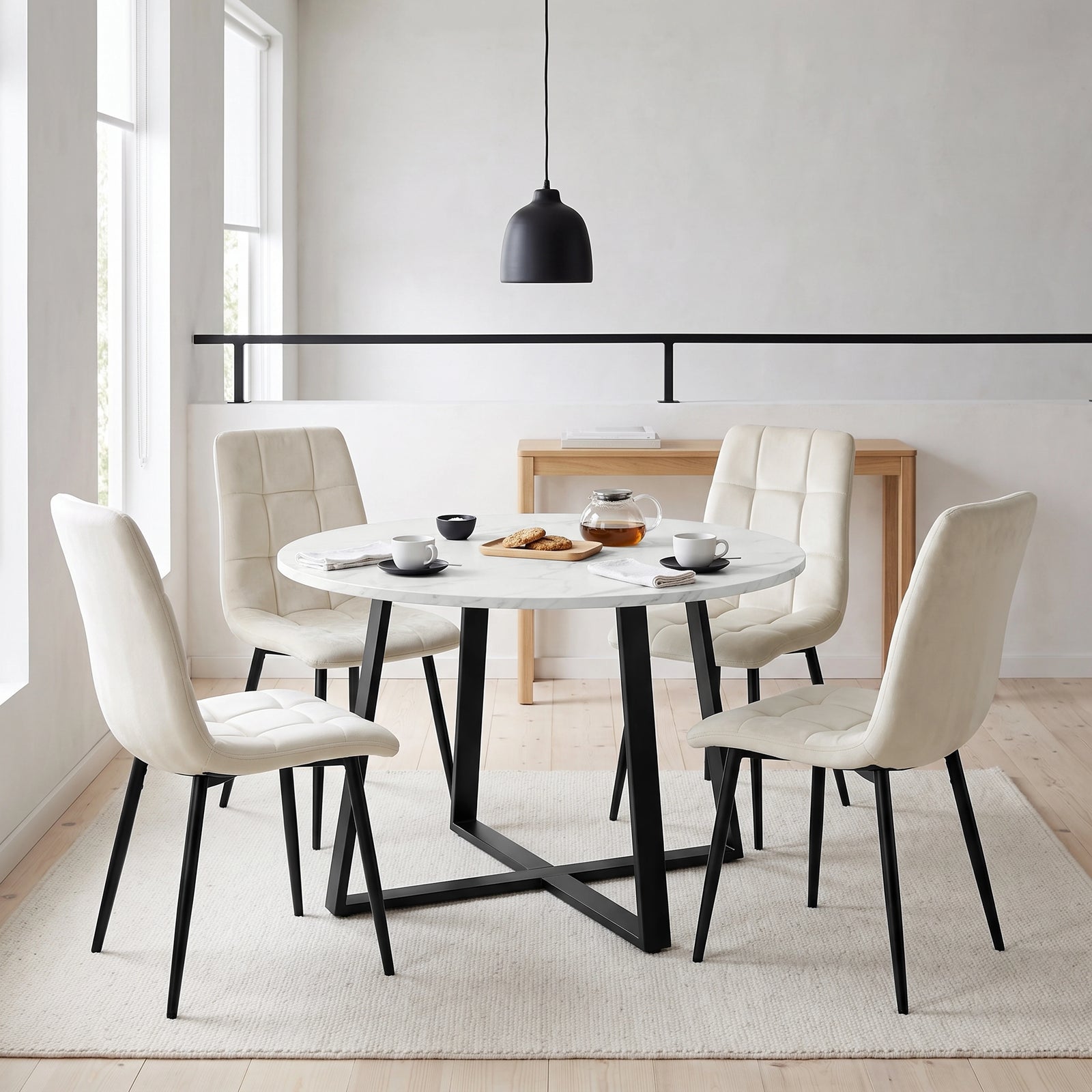[Cream | White Marble] Kyvon round dining table set with 4 cream velvet chairs in a styled room