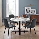 [Dark Grey | White Marble] Kyvon round dining table set with 4 dark grey velvet chairs in a dining room