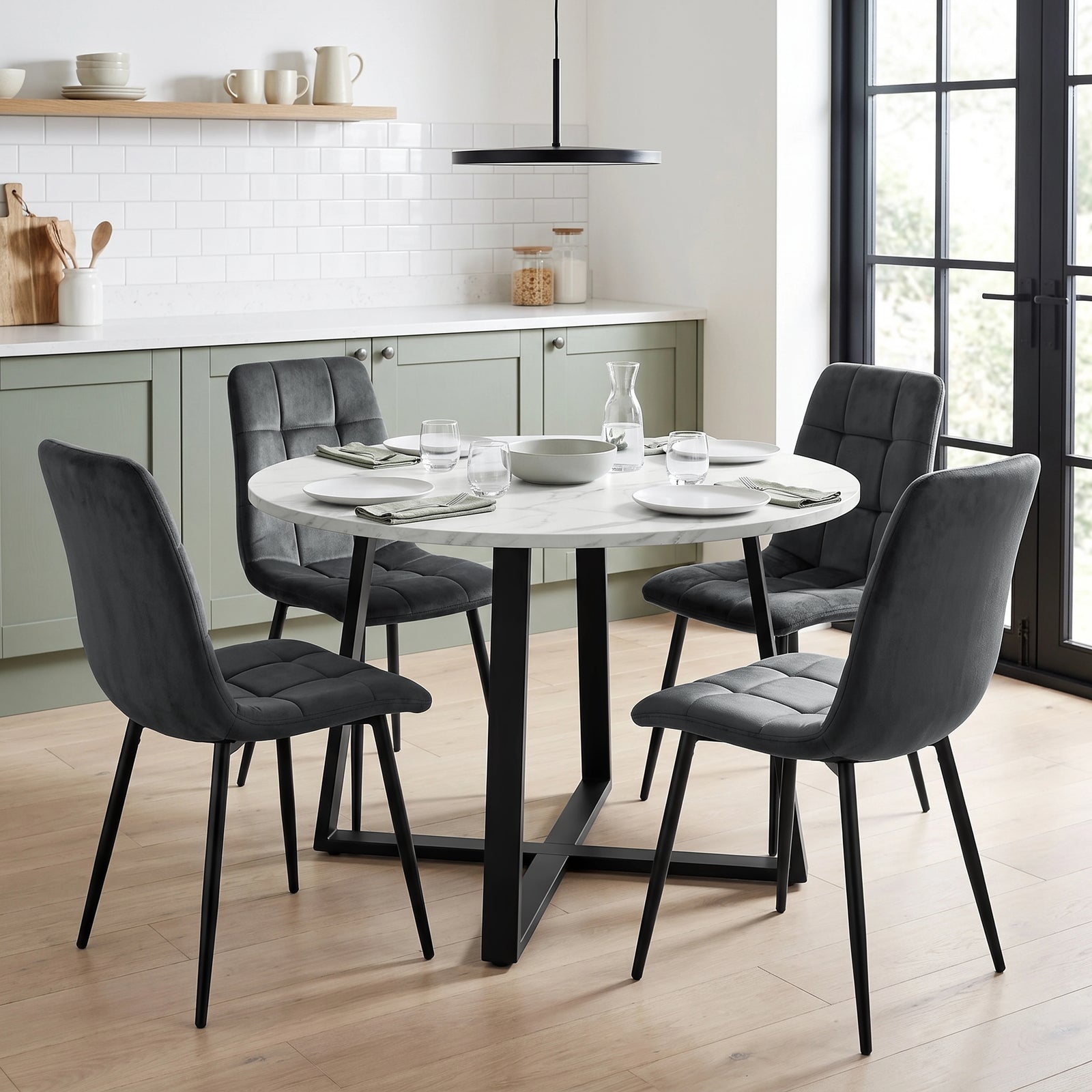 [Dark Grey | White Marble] Kyvon round dining table set with 4 dark grey velvet chairs in a styled room