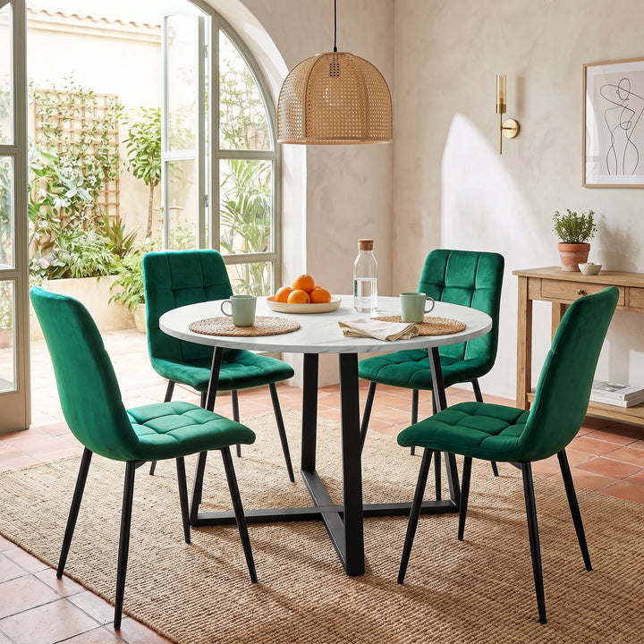 [Green | White Marble] Kyvon round dining table set with 4 green velvet chairs in a dining room