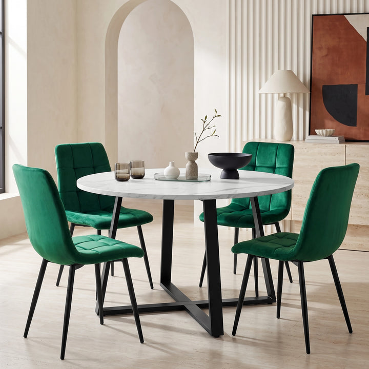 [Green | White Marble] Kyvon round dining table set with 4 green velvet chairs in a styled room
