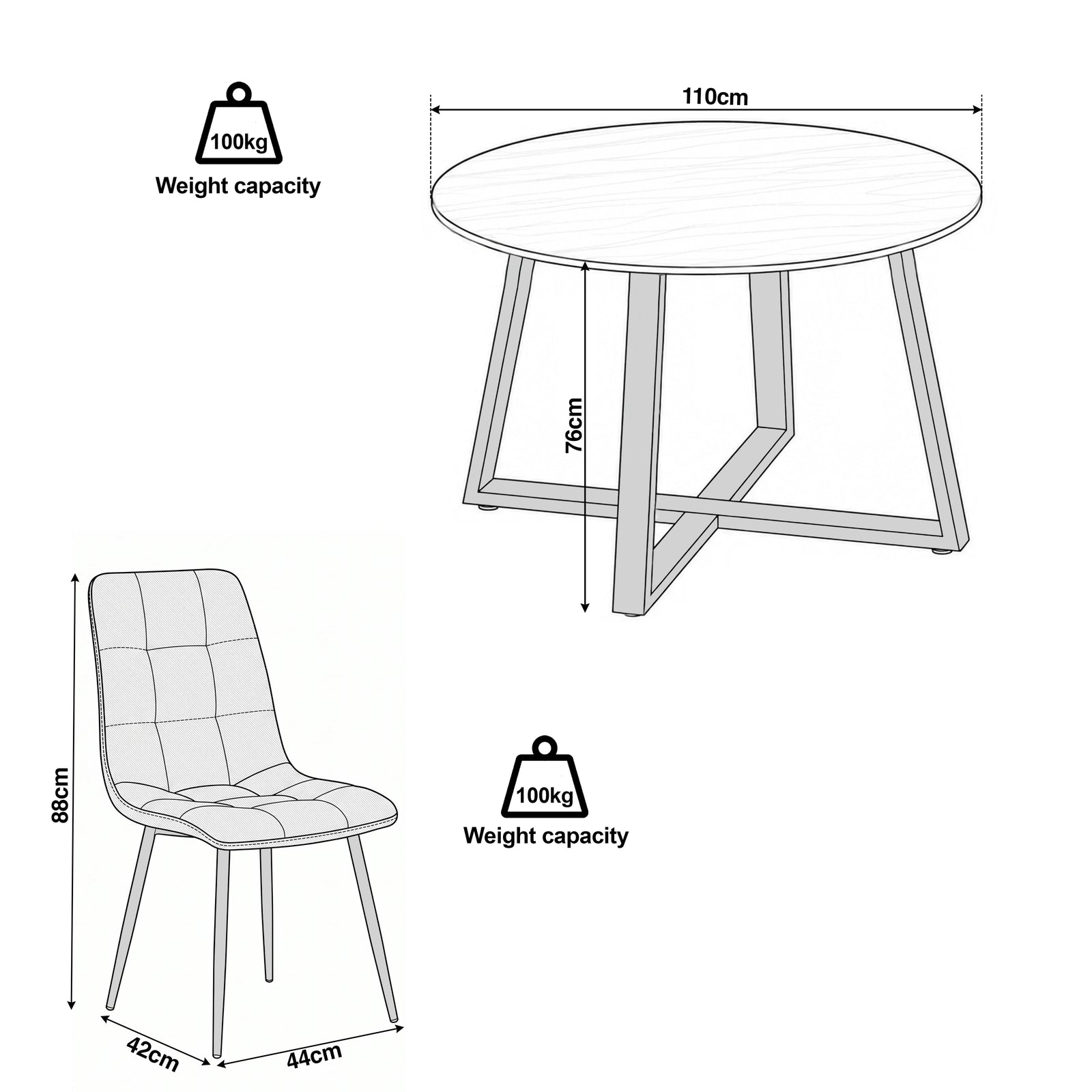 [Green | White Marble] Kyvon dimensions graphic: table 110cm diameter x 76H; green velvet chair 44W x 42D x 88H cm