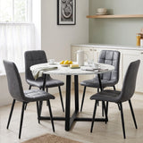 [Grey | White Marble] Kyvon round dining table set with 4 grey suede chairs in a dining room