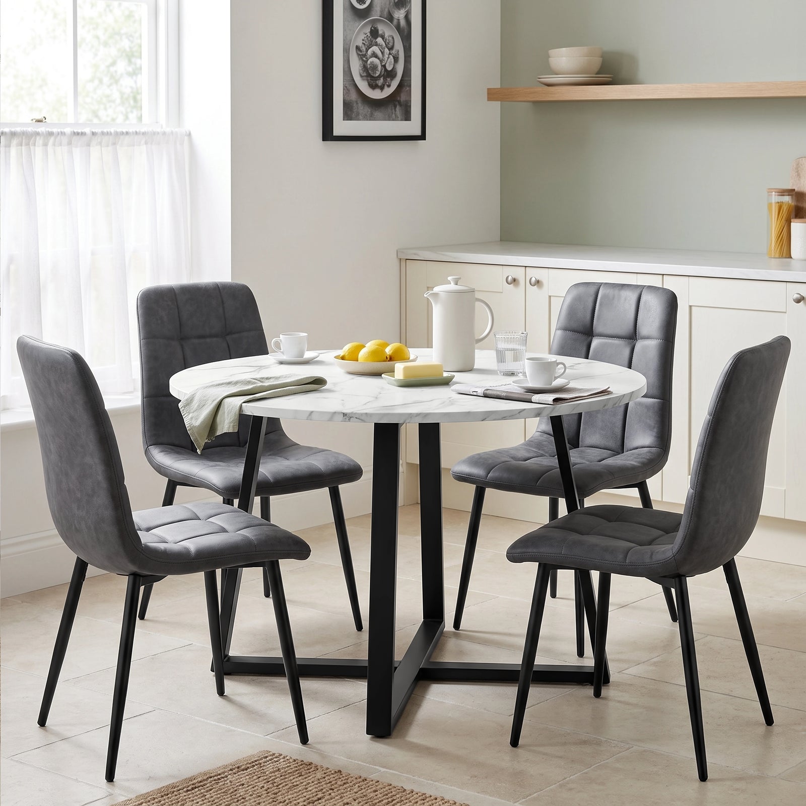 [Grey | White Marble] Kyvon round dining table set with 4 grey suede chairs in a dining room