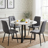 [Grey | White Marble] Kyvon round dining table set with 4 grey suede chairs in a styled room