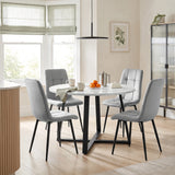 [Light Grey | White Marble] Kyvon round dining table set with 4 light grey velvet chairs in a dining room
