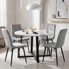 [Light Grey | White Marble] Kyvon round dining table set with 4 light grey velvet chairs in a styled room