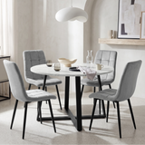 [Light Grey | White Marble] Kyvon round dining table set with 4 light grey velvet chairs in a styled room