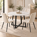 [Cream] Kyvon round dining table set with 4 cream velvet chairs in a dining room