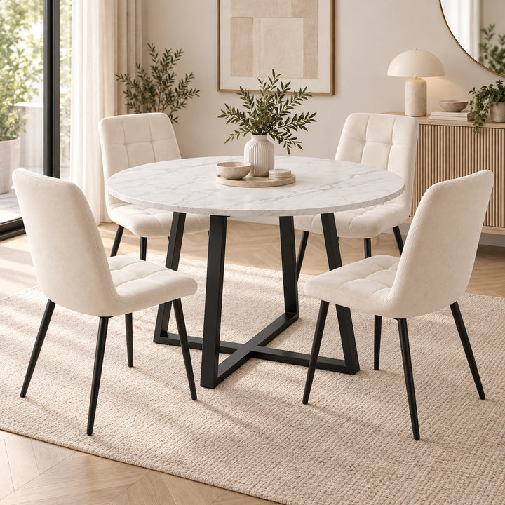[Cream] Kyvon round dining table set with 4 cream velvet chairs in a dining room