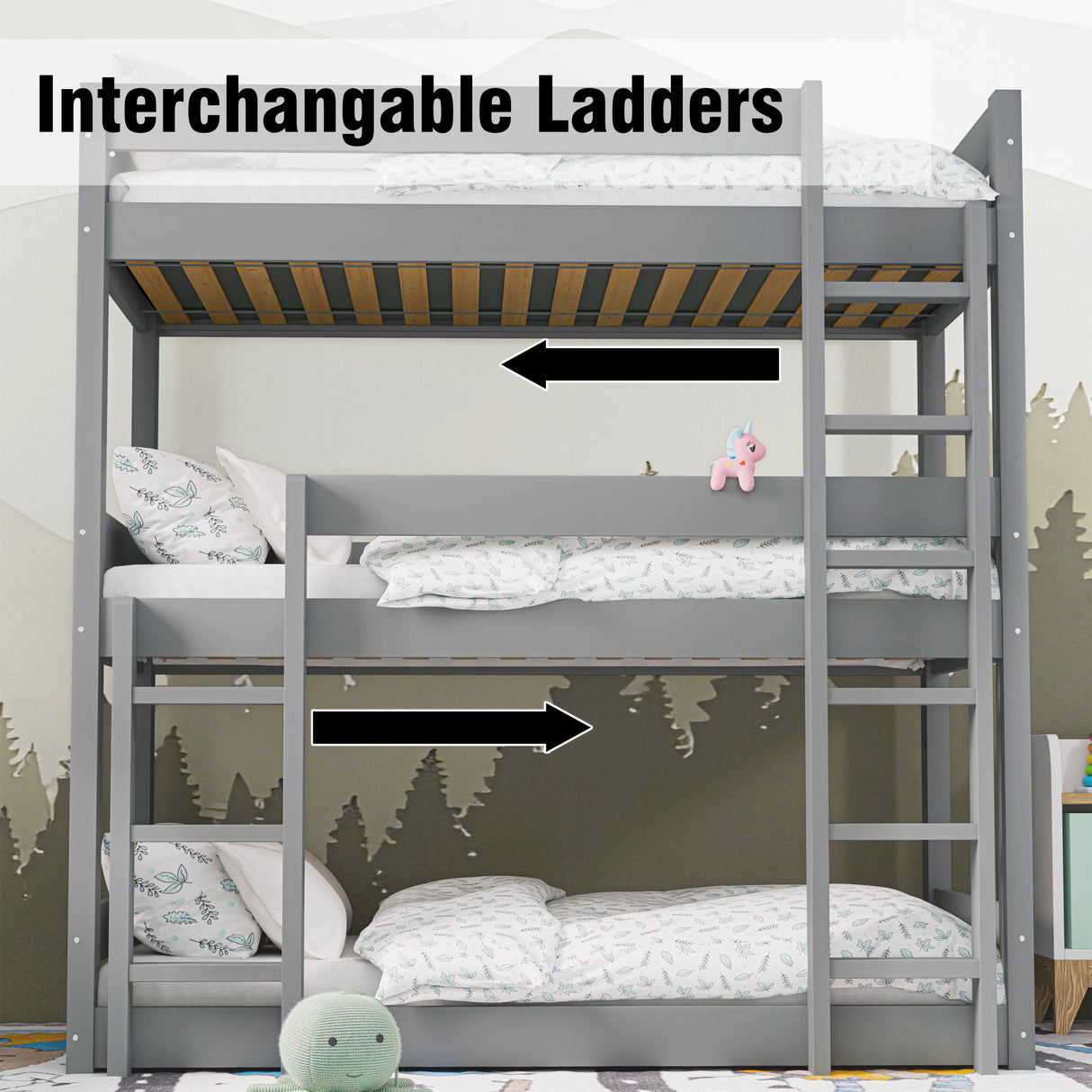 Single triple bunk bed in grey wood with interchangeable ladders, ideal for kids. Space-saving high sleeper bed frame with three stacked beds.
