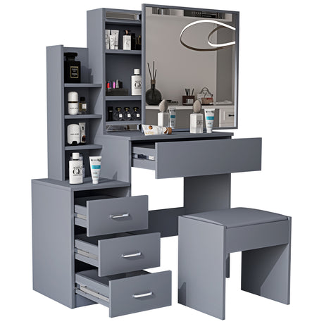 Stylish ladies dressing table with mirror, drawers, and shelves for cosmetics and skincare storage