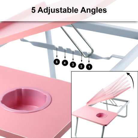 pink graphics display five different ways to adjust the foldable laptop table while in use