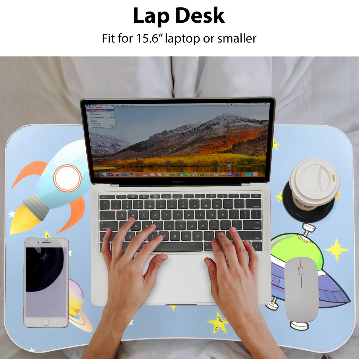 Laptop bed desk table, fits 15.6'' laptops or smaller, perfect for comfortable use in bed.