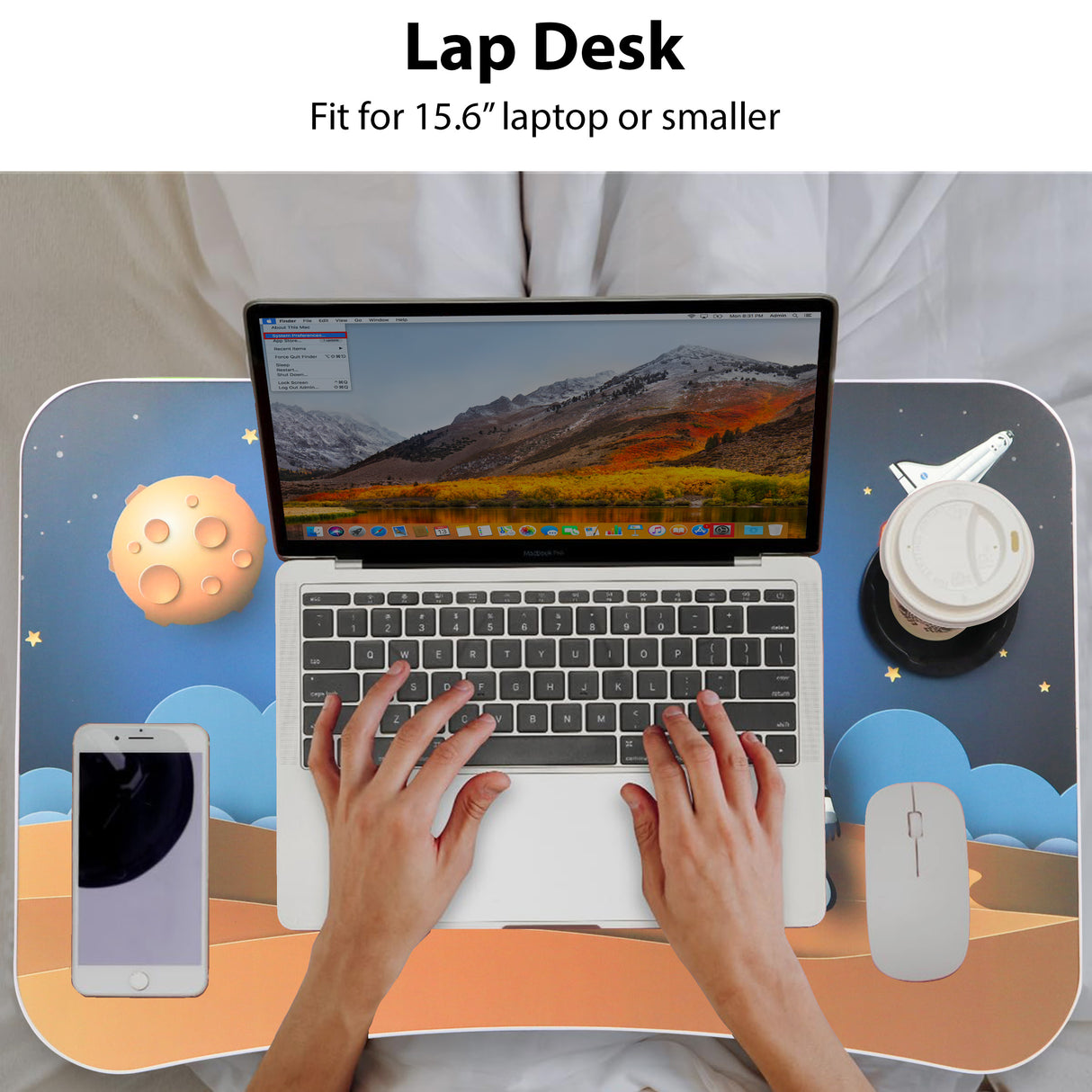 Laptop bed desk, perfect for laptops up to 15.6 inches, ideal for comfort.