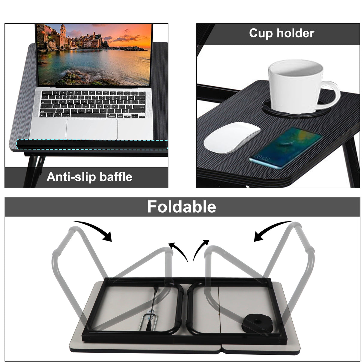 Foldable laptop bed table adjustable with cup holder, anti-slip baffle, and portable design.