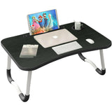 Black laptop computer tables with tablet slot, cup holder, and foldable legs for versatile use.