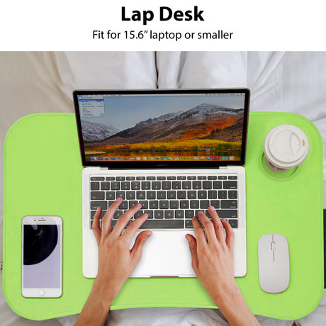 Green laptop desk for bed, fits 15.6" laptops or smaller, with a compact design.