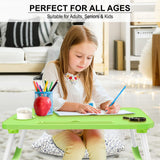 Laptop desk stand, perfect for all ages, offering comfort and adjustable height.