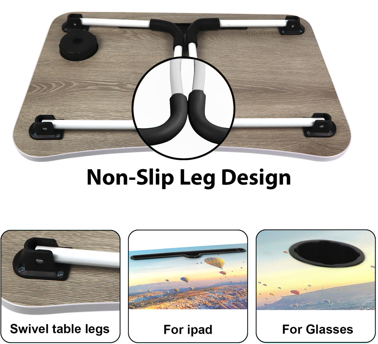 Laptop desk table for bed with non-slip leg design, swivel legs, perfect for iPad.