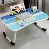 Laptop folding table with tropical beach design, featuring a built-in cup holder.