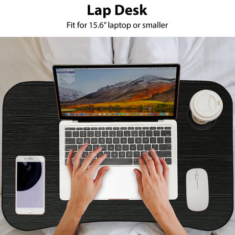 Laptop lap desk, fits 15.6'' laptops or smaller, offering comfort and portability.